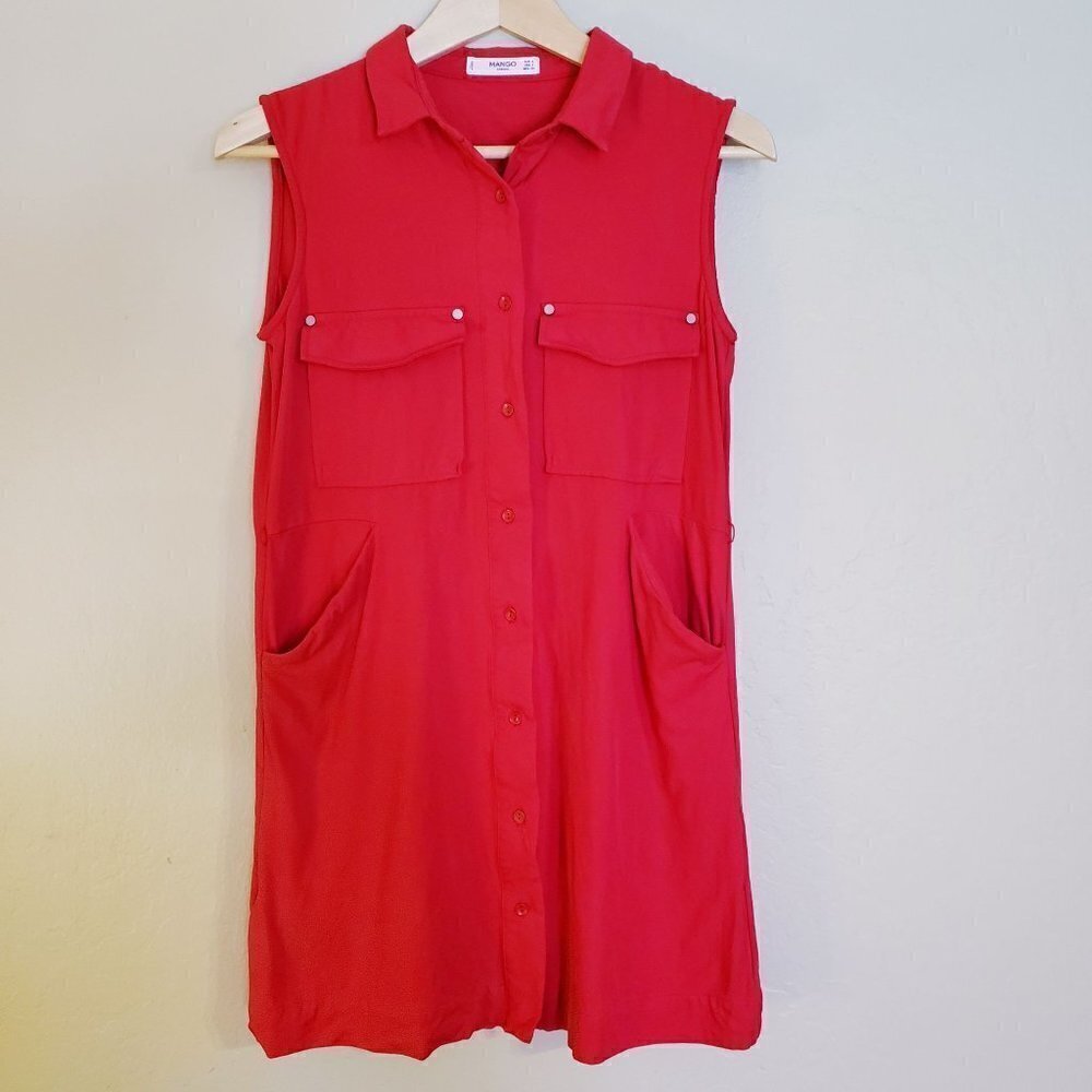 Mango Red Viscose Collared Shirt Dress with Pockets